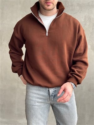 Erkek Yani Sezon Oversize Kalıp Yarım Fermuarlı 3 İplik Basic Sweat-Kahverengi(E1806)