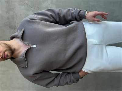 Erkek Yani Sezon Oversize Kalıp Yarım Fermuarlı 3 İplik Basic Sweat-Antrasit(E1806)