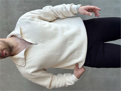 Erkek Yani Sezon Oversize Kalıp Yarım Fermuarlı 3 İplik Basic Sweat-Bej(E1806)