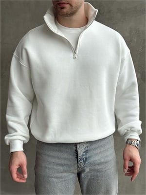 Erkek Yani Sezon Oversize Kalıp Yarım Fermuarlı 3 İplik Basic Sweat-Beyaz(E1806)
