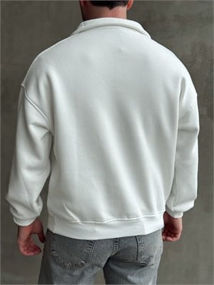 Erkek Yani Sezon Oversize Kalıp Yarım Fermuarlı 3 İplik Basic Sweat-Beyaz(E1806)