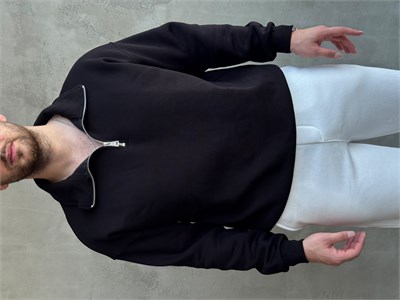 Erkek Yani Sezon Oversize Kalıp Yarım Fermuarlı 3 İplik Basic Sweat-Siyah(E1806)