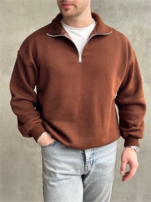 Erkek Yani Sezon Oversize Kalıp Yarım Fermuarlı 3 İplik Basic Sweat-Kahverengi(E1806)