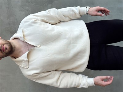 Erkek Yani Sezon Oversize Kalıp Yarım Fermuarlı 3 İplik Basic Sweat-Bej(E1806)