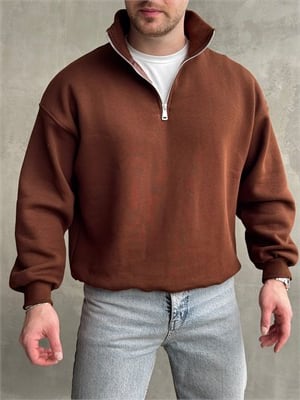 Erkek Yani Sezon Oversize Kalıp Yarım Fermuarlı 3 İplik Basic Sweat-Kahverengi(E1806)