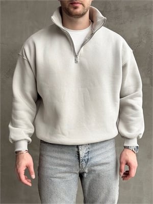 Erkek Yani Sezon Oversize Kalıp Yarım Fermuarlı 3 İplik Basic Sweat-Gri(E1806)