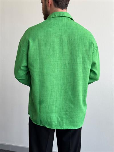 Erkek Yaz Stilinin Vazgeçilmezi Oversize Kalıp Doğal Dokulu Keten Gömlek-Yeşil(E1401)