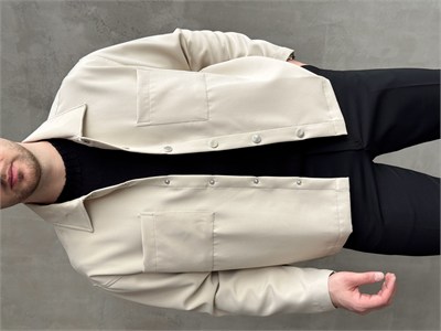 Erkek Yeni Sezon Boxy Fit Çıtçıt Detaylı Mevsimlik Kumaş Gömlek Ceket-Bej(E1824)