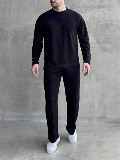 Erkek Yeni Sezon Loose Fit Kalıp Tencel Kumaş Eşofman Takım-Siyah(E1846)