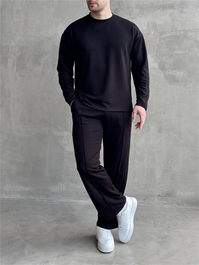 Erkek Yeni Sezon Loose Fit Kalıp Tencel Kumaş Eşofman Takım-Siyah(E1846)