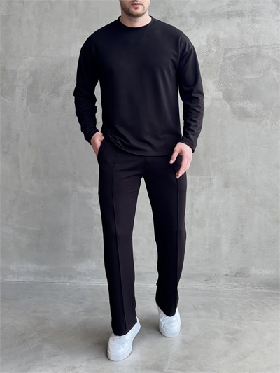 Erkek Yeni Sezon Loose Fit Kalıp Tencel Kumaş Eşofman Takım-Siyah(E1846)