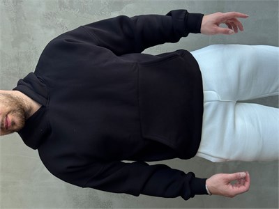 Erkek Yeni Sezon Oversize Kalıp Kapüşonlu Kanguru Cepli Basic 3 İplik Sweat-Siyah(E1802)