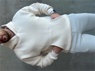 Erkek Yeni Sezon Oversize Kalıp Kapüşonlu Kanguru Cepli Basic 3 İplik Sweat-Krem(E1802)