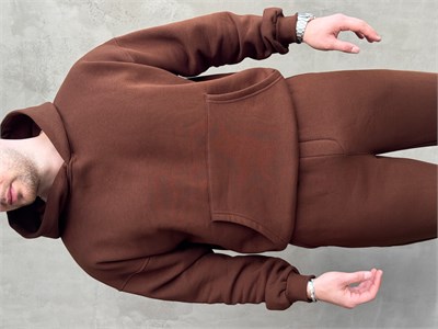 Erkek Yeni Sezon Oversize Kalıp Kapüşonlu Kanguru Cepli Basic 3 İplik Sweat-Kahverengi(E1802)