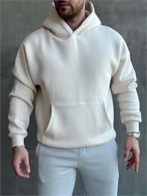 Erkek Yeni Sezon Oversize Kalıp Kapüşonlu Kanguru Cepli Basic 3 İplik Sweat-Krem(E1802)