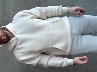 Erkek Yeni Sezon Oversize Kalıp Kapüşonlu Kanguru Cepli Basic 3 İplik Sweat-Krem(E1802)