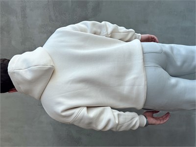 Erkek Yeni Sezon Oversize Kalıp Kapüşonlu Kanguru Cepli Basic 3 İplik Sweat-Krem(E1802)