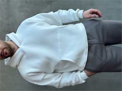 Erkek Yeni Sezon Oversize Kalıp Kapüşonlu Kanguru Cepli Basic 3 İplik Sweat-Beyaz(E1802)