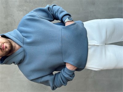 Erkek Yeni Sezon Oversize Kalıp Kapüşonlu Kanguru Cepli Basic 3 İplik Sweat-İndigo(E1802)