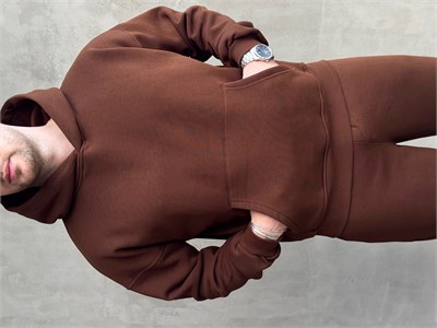 Erkek Yeni Sezon Oversize Kalıp Kapüşonlu Kanguru Cepli Basic 3 İplik Sweat-Kahverengi(E1802)