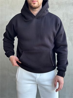 Erkek Yeni Sezon Oversize Kalıp Kapüşonlu Kanguru Cepli Basic 3 İplik Sweat-Siyah(E1802)
