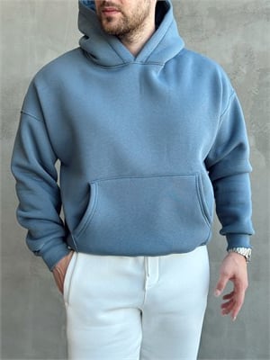 Erkek Yeni Sezon Oversize Kalıp Kapüşonlu Kanguru Cepli Basic 3 İplik Sweat-İndigo(E1802)