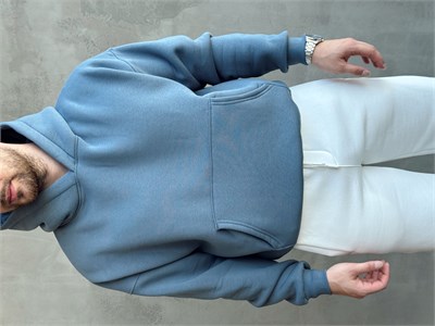 Erkek Yeni Sezon Oversize Kalıp Kapüşonlu Kanguru Cepli Basic 3 İplik Sweat-İndigo(E1802)