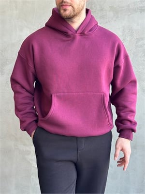 Erkek Yeni Sezon Oversize Kalıp Kapüşonlu Kanguru Cepli Basic 3 İplik Sweat-Bordo(E1802)