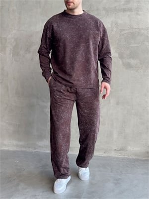 Erkek Yeni Sezon Oversize Kalıp Yıkamalı Uzun Kol T-Shirt Baggy Kalıp Eşofman Takım-Kahverengi(E1856)