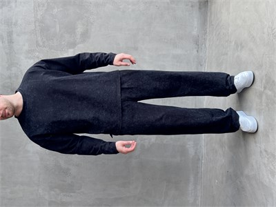 Erkek Yeni Sezon Oversize Kalıp Yıkamalı Uzun Kol T-Shirt Baggy Kalıp Eşofman Takım-Siyah(E1856)
