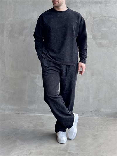 Erkek Yeni Sezon Oversize Kalıp Yıkamalı Uzun Kol T-Shirt Baggy Kalıp Eşofman Takım-Siyah(E1856)