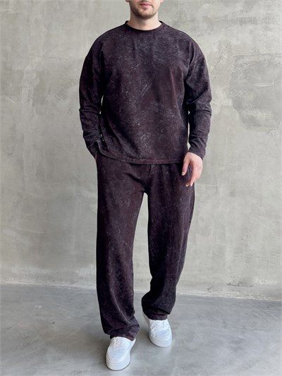 Erkek Yeni Sezon Oversize Kalıp Yıkamalı Uzun Kol T-Shirt Baggy Kalıp Eşofman Takım-Bordo(E1856)