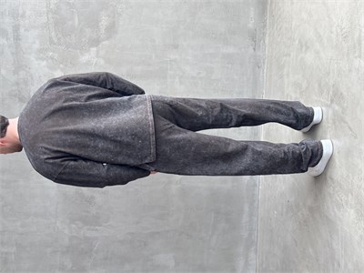 Erkek Yeni Sezon Oversize Kalıp Yıkamalı Uzun Kol T-Shirt Baggy Kalıp Eşofman Takım-Füme(E1856)