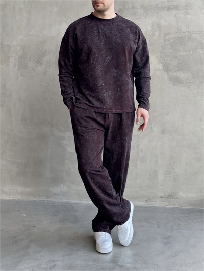 Erkek Yeni Sezon Oversize Kalıp Yıkamalı Uzun Kol T-Shirt Baggy Kalıp Eşofman Takım-Bordo(E1856)
