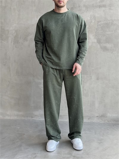 Erkek Yeni Sezon Oversize Kalıp Yıkamalı Uzun Kol T-Shirt Baggy Kalıp Eşofman Takım-Haki(E1856)