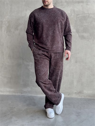 Erkek Yeni Sezon Oversize Kalıp Yıkamalı Uzun Kol T-Shirt Baggy Kalıp Eşofman Takım-Kahverengi(E1856)