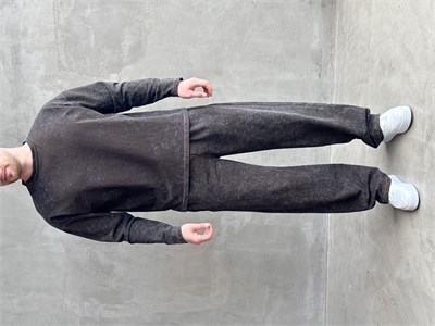 Erkek Yeni Sezon Oversize Kalıp Yıkamalı Uzun Kol T-Shirt Baggy Kalıp Eşofman Takım-Füme(E1856)
