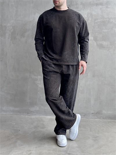 Erkek Yeni Sezon Oversize Kalıp Yıkamalı Uzun Kol T-Shirt Baggy Kalıp Eşofman Takım-Füme(E1856)