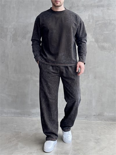 Erkek Yeni Sezon Oversize Kalıp Yıkamalı Uzun Kol T-Shirt Baggy Kalıp Eşofman Takım-Füme(E1856)