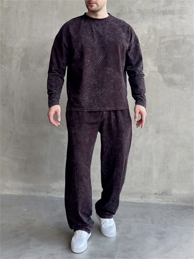 Erkek Yeni Sezon Oversize Kalıp Yıkamalı Uzun Kol T-Shirt Baggy Kalıp Eşofman Takım-Bordo(E1856)