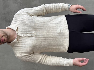 Erkek Yeni Sezon Regular Fit Düğme Detaylı Polo Yaka Triko Kazak-Bej(E1833)