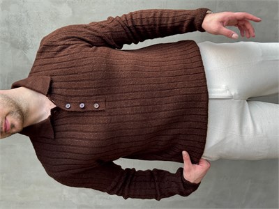Erkek Yeni Sezon Regular Fit Düğme Detaylı Polo Yaka Triko Kazak-Kahverengi(E1833)
