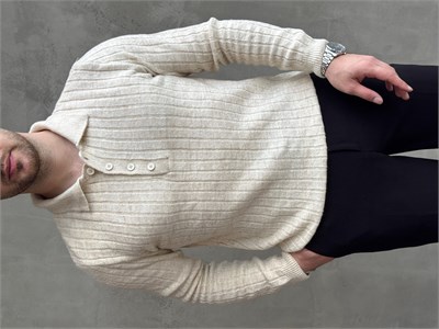 Erkek Yeni Sezon Regular Fit Düğme Detaylı Polo Yaka Triko Kazak-Bej(E1833)