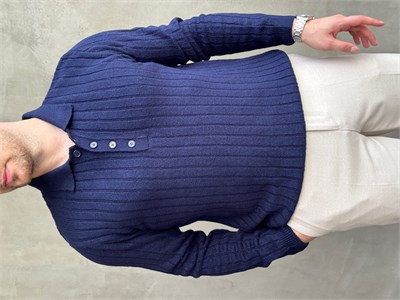 Erkek Yeni Sezon Regular Fit Düğme Detaylı Polo Yaka Triko Kazak-Lacivert(E1833)