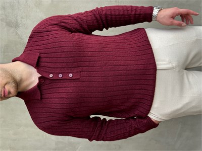 Erkek Yeni Sezon Regular Fit Düğme Detaylı Polo Yaka Triko Kazak-Bordo(E1833)