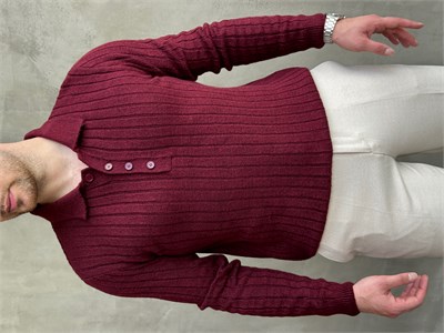 Erkek Yeni Sezon Regular Fit Düğme Detaylı Polo Yaka Triko Kazak-Bordo(E1833)