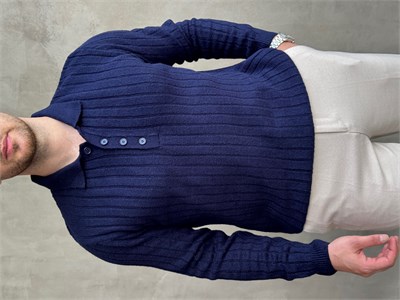 Erkek Yeni Sezon Regular Fit Düğme Detaylı Polo Yaka Triko Kazak-Lacivert(E1833)