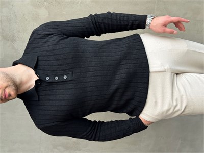 Erkek Yeni Sezon Regular Fit Düğme Detaylı Polo Yaka Triko Kazak-Siyah(E1833)
