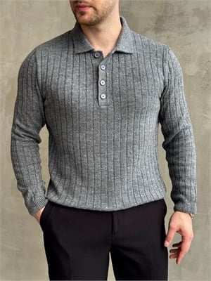 Erkek Yeni Sezon Regular Fit Düğme Detaylı Polo Yaka Triko Kazak-Antrasit(E1833)