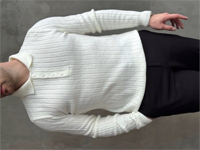 Erkek Yeni Sezon Regular Fit Düğme Detaylı Polo Yaka Triko Kazak-Ekru(E1833)